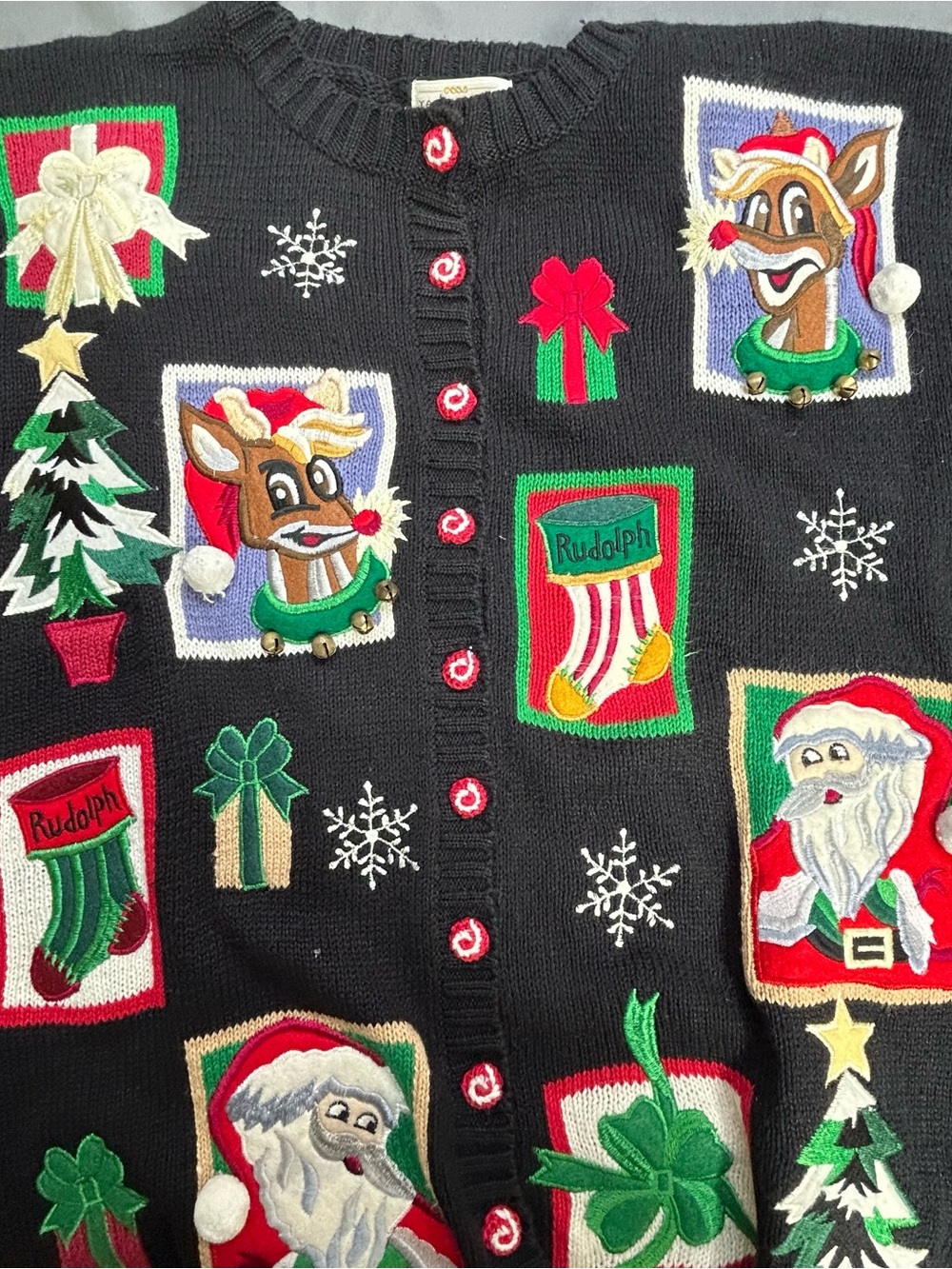 Vintage UGLY Rudolph Santa Jingle Bells Embroidered 3D Christmas Sweater Size 3X